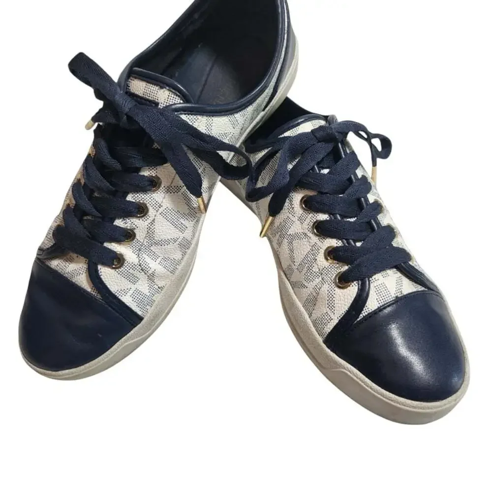 KORS Michael Kors Navy White Signature Sneakers Womens 10 Monogram Casual